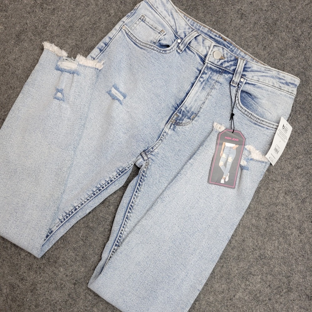 No Boundaries Jeans Womens 5 Blue Denim Distressed Mom Slim Fit Skinny Raw Hems